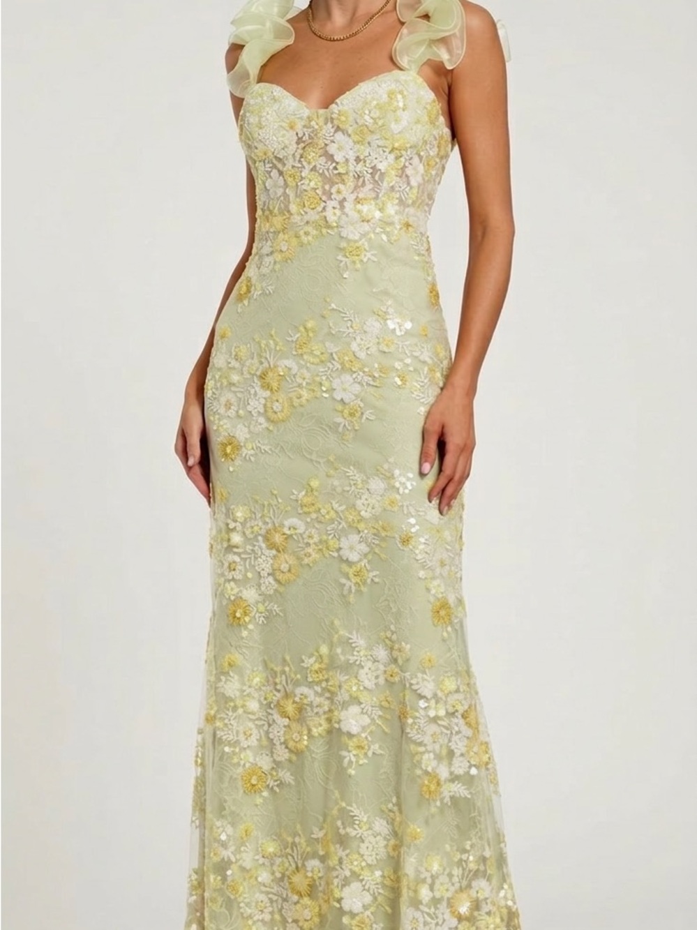 Mac Duggal Pale Green & Yellow Floral Appliqué Sweetheart Maxi Gown